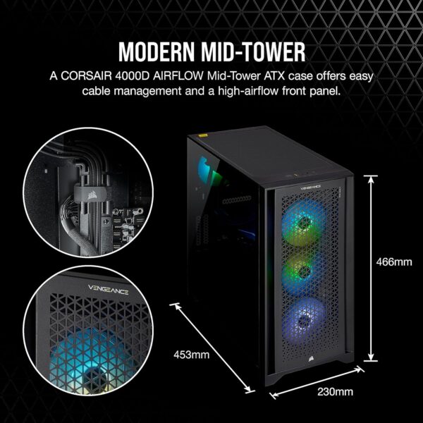 Corsair Vengeance a7300 Series Gaming PC - Liquid Cooled AMD Ryzen™ 7 7700X CPU - NVIDIA® GeForce RTX™ 4070 Ti Graphics - 32GB Vengeance RGB DDR5 5600MHz Memory - 1TB M.2 NVMe SSD - Black - Image 8