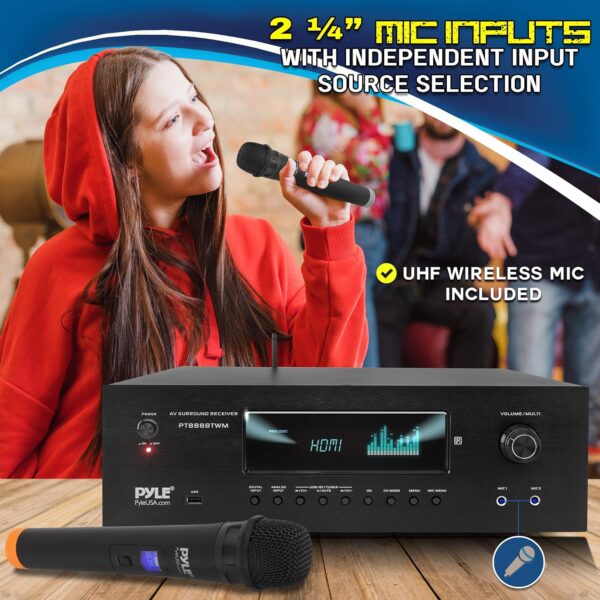 Pyle 1000W Bluetooth Home Theater Karaoke Receiver - 5.2-Ch Stereo Amplifier 2 UHF Wireless Microphone Video Pass-Through Supports, MP3/USB/HDMI/AM/FM Radio - Pyle PT888BTWM , Black - Image 5