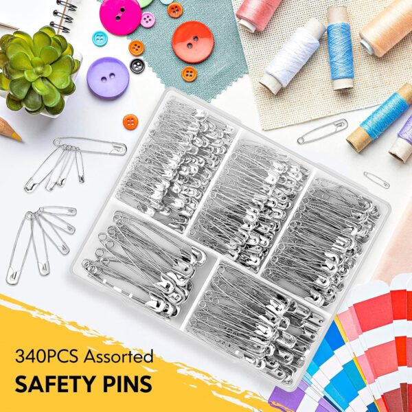 340 Pack Safety Pins Assorted, 5 Different Sizes Small and Large Safety Pins, Safety Pins for Clothes Pins Sewing, Nickel Plated Steel Safety Pin Bulk, Arts and Crafts Supplies (Silver) - Image 7