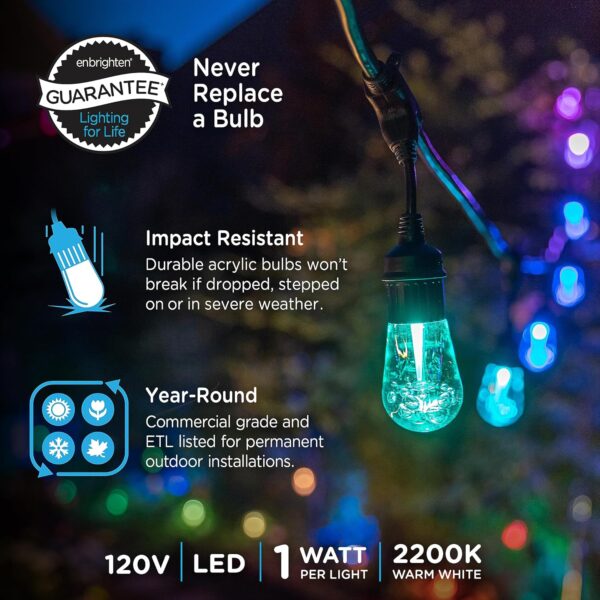 Enbrighten Premium Color Changing String Lights, 48ft Black Cord, 24 Shatterproof Acrylic Bulbs, Weatherproof, Remote Control, Dimmable RGB LED, Outdoor String Lights, 37790 - Image 3