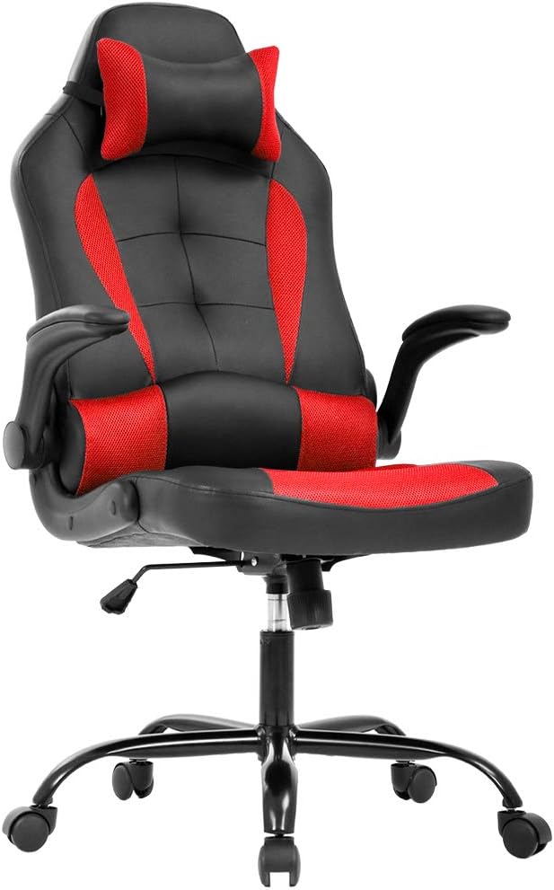 BestOffice PC Gaming Chair Ergonomic Office Chair Desk Chair with Lumbar Support Flip Up Arms Headrest PU Leather Executive High Back Computer Chair for Adults Women Men (Red)