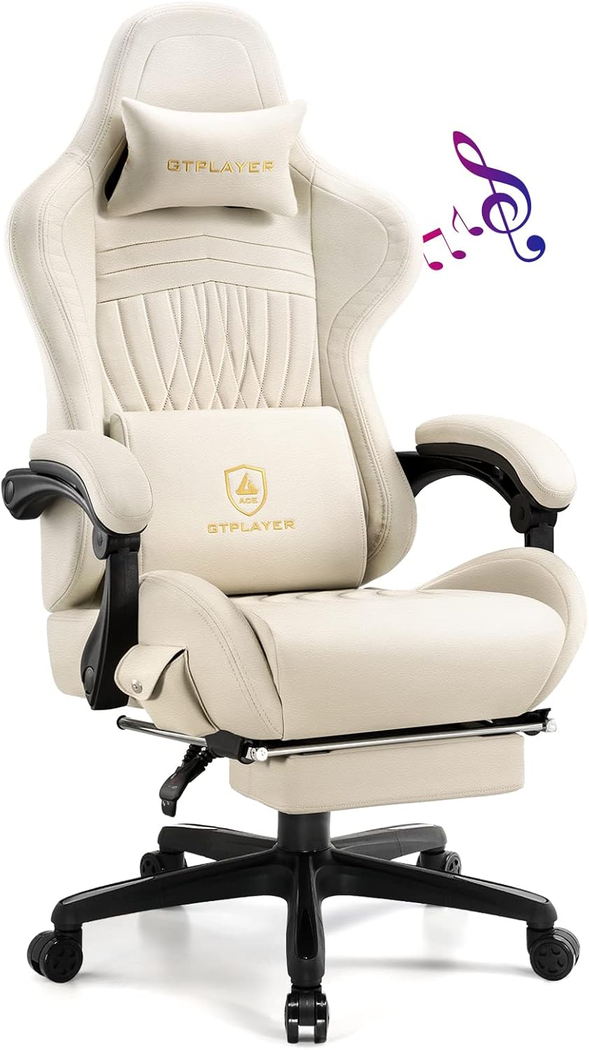 GTPLAYER Gaming Chair, Computer Chair with Footrest and Bluetooth Speakers, High Back Ergonomic Gaming Chair, Reclining Gaming Chair with Linkage Armrests for Adults by GTRacing (Leather, Ivory)