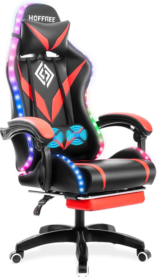 Gaming Chair with Massage and LED RGB Lights Ergonomic Computer Chair with Footrest High Back Video Game Chair with Adjustable Lumbar Support Linkage Armrest Red and Black