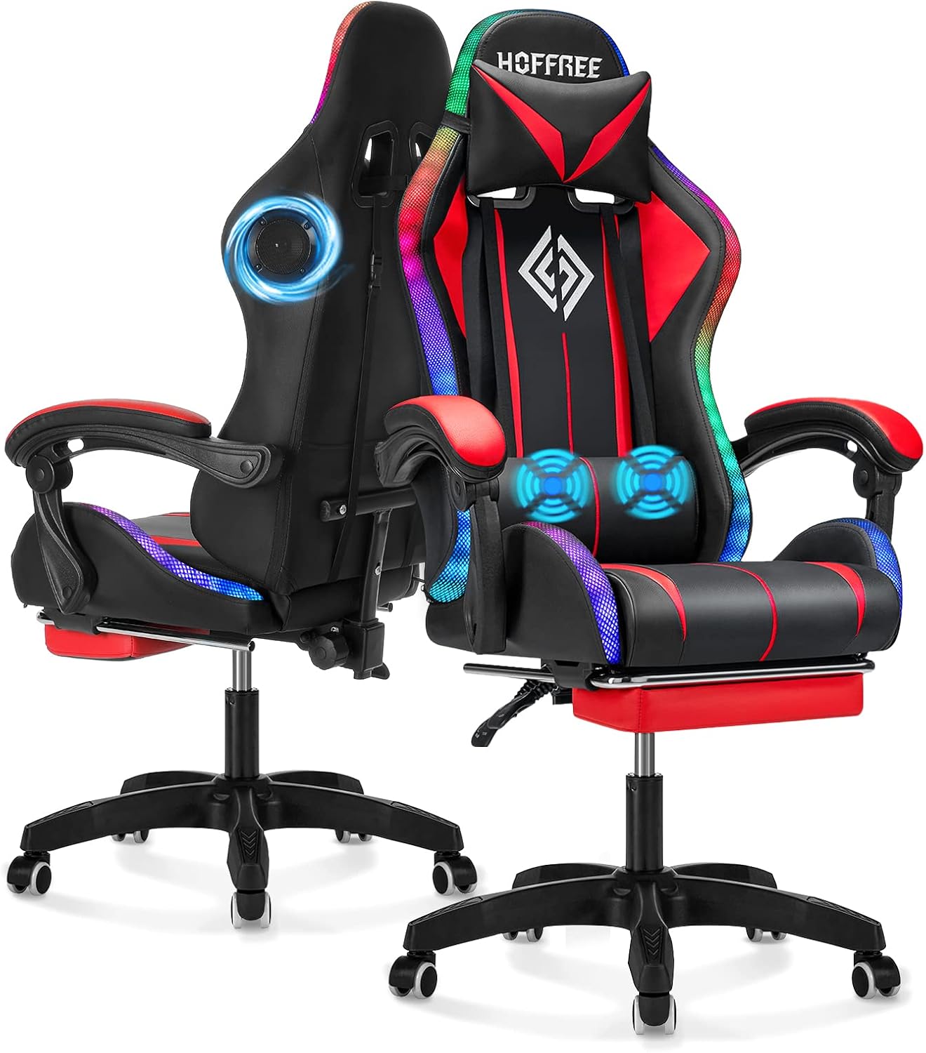 RGB Gaming Chair with Bluetooth Speakers and LED Lights Ergonomic Massage Computer Game Chair with Footrest High Back Music Video Game Chair with Lumbar Support Red and Black