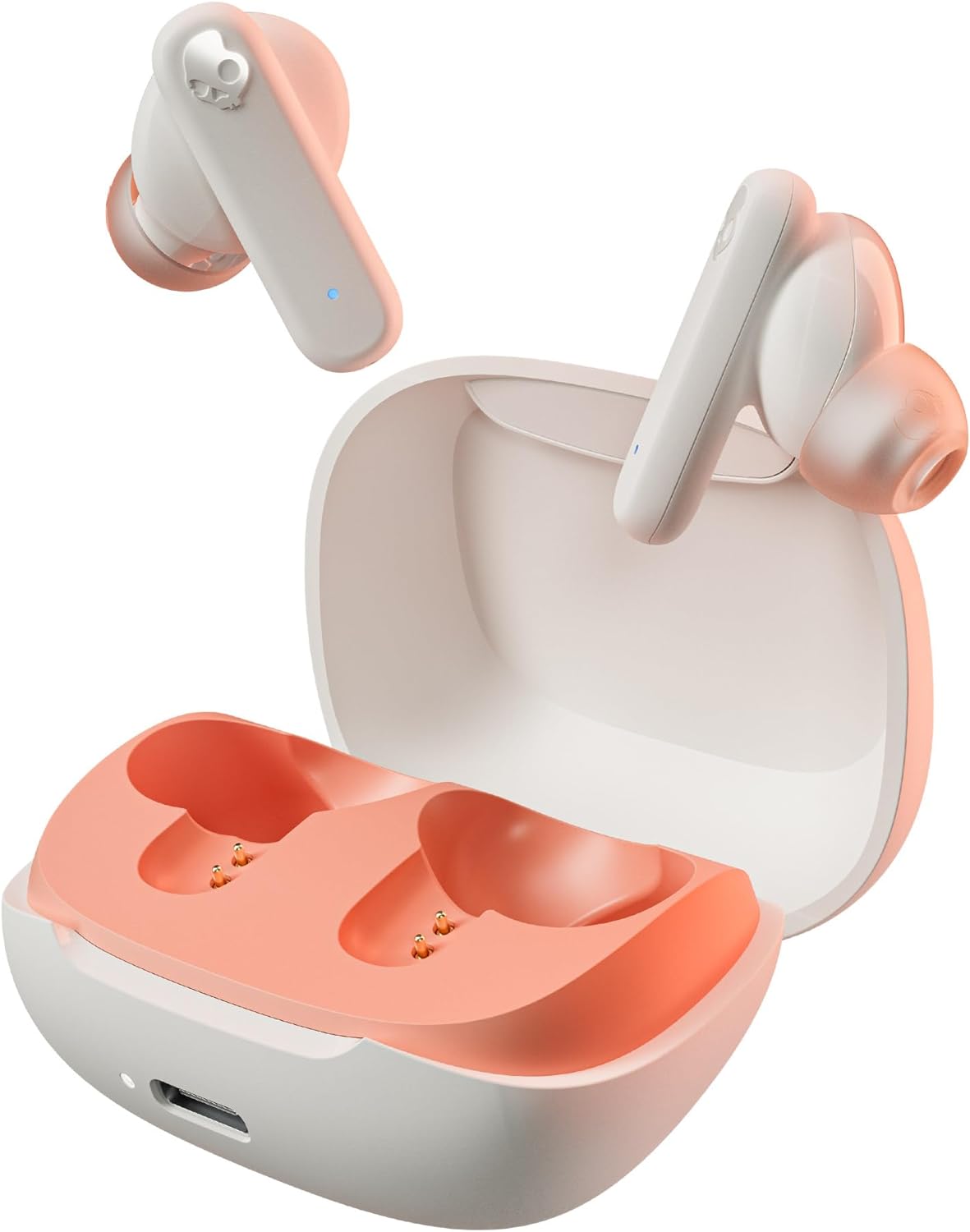 Skullcandy Smokin’ Buds in-Ear Wireless Earbuds, 20 Hr Battery, 50% Renewable Plastics, Microphone, Works with iPhone Android and Bluetooth Devices – Bone/Orange Glow