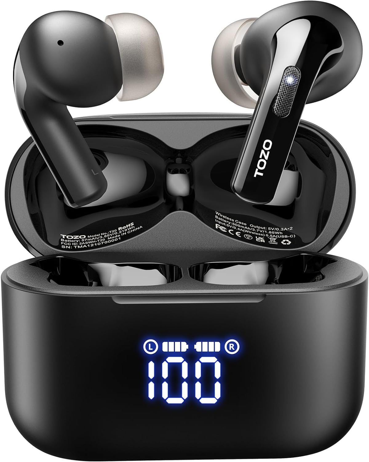 TOZO T20 Wireless Earbuds Bluetooth Headphones 48.5 Hrs Playtime, IPX8 Waterproof, Dual Mic Call Noise Cancelling with Wireless Charging Case Black