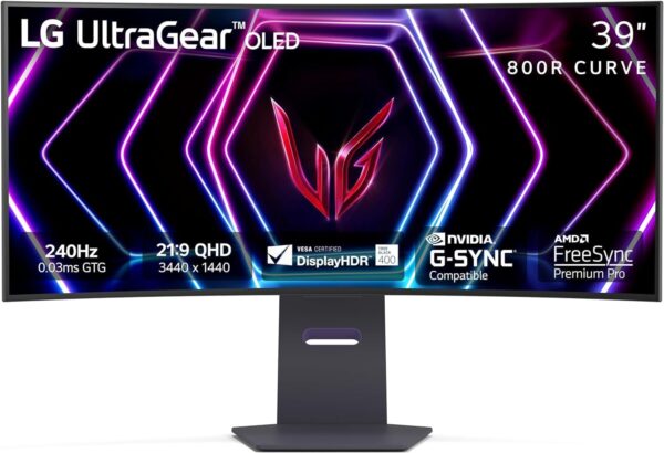 LG 39GS95QE 39-inch Ultragear OLED Curved Gaming Monitor WQHD 800R 240Hz 0.03ms DisplayHDR True Black 400 AMD FreeSync Premium Pro NVIDIA G-Sync HDMI 2.1 DisplayPort Tilt/Height/Swivel Stand Black - Image 2