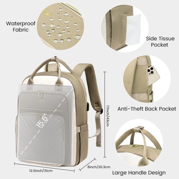 LOVEVOOK 15.6 Inch Laptop Backpack for Women,Large Capacity Work Backpack Purse for Women,Waterproof Travel Day Pack for Teacher Nurse,Khaki-Beige - Image 4