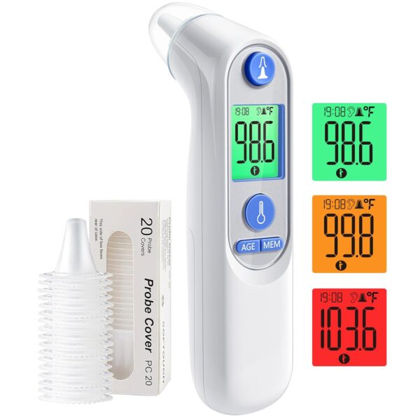 Ear Thermometer, Digital Ear Thermometer for Kids and Adults, High Accuracy Baby Thermometer with 1s Result, 3-Color Coded and 30 Memory Recall, Easy to Use, with 21 Disposable Probe Covers - Image 2