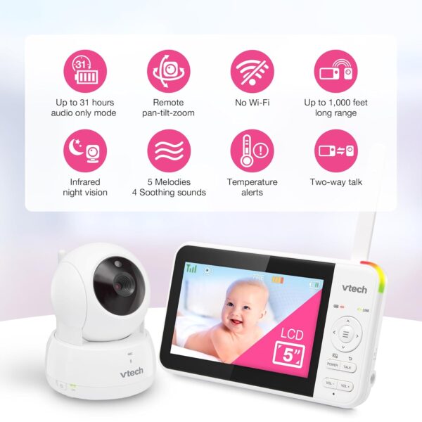 VTech VM924 5" Screen Remote Pan-Tilt-Zoom Baby Monitor with Camera&Audio,Up to 31Hrs Battery for Audio&17Hrs Video Streaming, Long Range Up to 1000ft,Night Vision,Soothing Sound,Temperature Sensor - Image 4