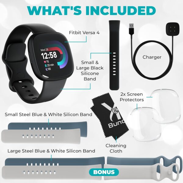 Fitbit Versa 4 Health and Fitness Smart Watch (Black) with GPS, 6 Day Battery Life, S & L Bands - Bundle with Blue and White Fitbit Versa 4 Bands for Women and Men, 2 Screen Protectors, Charger, Cloth - Image 3