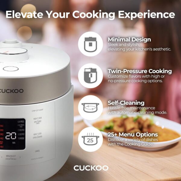 CUCKOO CRP-ST0609FW 6-Cup (Uncooked) / 12-Cup (Cooked) Twin Pressure Rice Cooker & Warmer with Nonstick Inner Pot, 16 Menu Options, 3 Voice Guide, Auto Clean (White) - Image 4