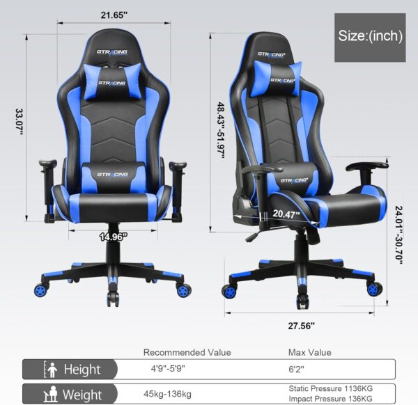 GTRACING Gaming Chair with Speakers Bluetooth Music Video Game Chair Audio Ergonomic Design Heavy Duty Office Computer Desk Chair（Blue） - Image 2