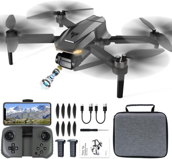 TizzyToy Brushless Motor Drone with 4K FPV Camera, RC Quadcopter with Carrying Case, 36-min Flight Time, Headless Mode, 90° Adjustable Lens, 3 Speed Adjustment, 2 Batteries, Foldable Drone for Adults, Beginners, Christmas gifts - Sliver - Image 2