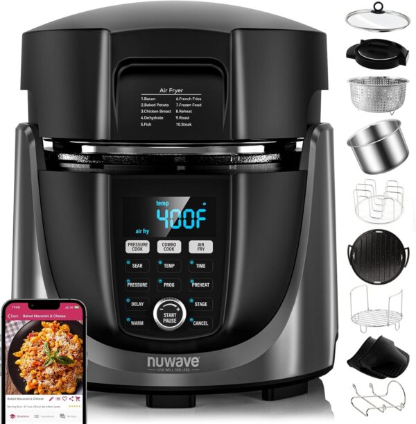 Nuwave Duet Air Fryer, Electric Pressure Cooker & Grill Combo, 540 IN 1 Multicooker with 3 Removable Lids that Slow Cook, Sears, Sautés, 18/10 SS Pot, Sure-Lock Safety Tech & 10 Deluxe Accessories - Image 2