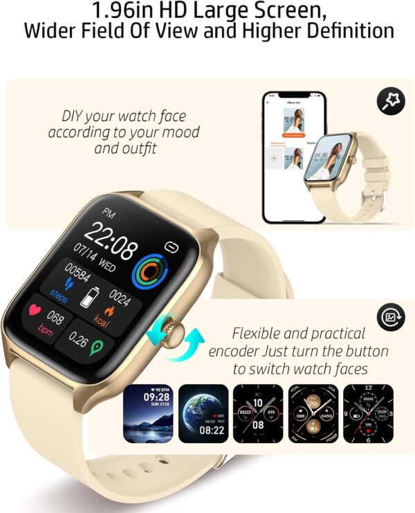 Smart Watch for Women with Bluetooth Call,Activity Fitness Tracker 1.96" HD Full Touch Screen with Heart Rate/Sleep Monitor,Waterproof Smartwatches for iOS Android Beige - Image 4