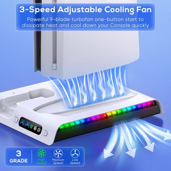 FASTSNAIL Charging Stand with Cooling Fan Only for PS5 Slim Console, Dual Controller Charger Station with 9 RGB Lights & Headset Hook & 3-Level Silent Fan, Cooler Accessories for PS5 Slim Digital/Disc - Image 5