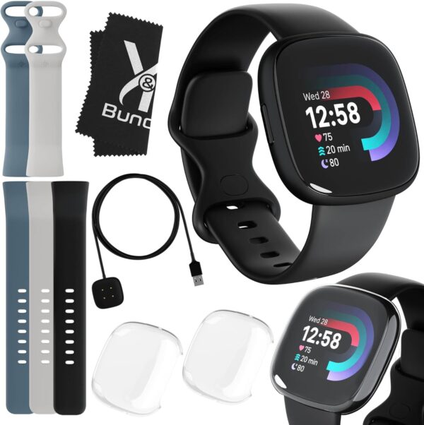 Fitbit Versa 4 Health and Fitness Smart Watch (Black) with GPS, 6 Day Battery Life, S & L Bands - Bundle with Blue and White Fitbit Versa 4 Bands for Women and Men, 2 Screen Protectors, Charger, Cloth - Image 2