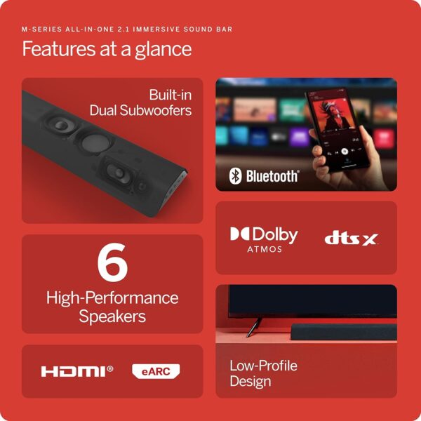 VIZIO M-Series All-in-One 2.1 Immersive Sound Bar with 6 High-Performance Speakers, Dolby Atmos, DTS:X, Built in Subwoofers and Alexa Compatibility, M213ad-K8, 2023 Model - Image 3