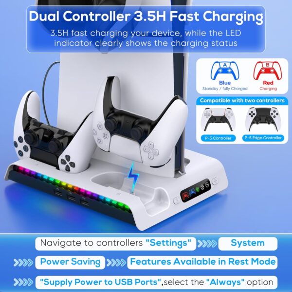 FASTSNAIL Charging Stand with Cooling Fan Only for PS5 Slim Console, Dual Controller Charger Station with 9 RGB Lights & Headset Hook & 3-Level Silent Fan, Cooler Accessories for PS5 Slim Digital/Disc - Image 6