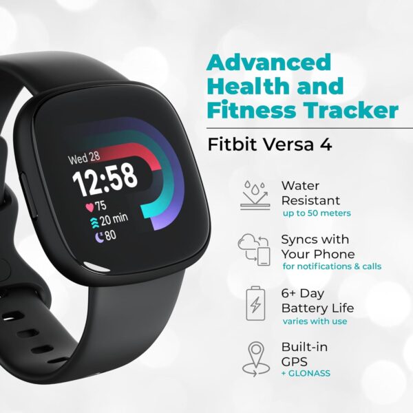 Fitbit Versa 4 Health and Fitness Smart Watch (Black) with GPS, 6 Day Battery Life, S & L Bands - Bundle with Blue and White Fitbit Versa 4 Bands for Women and Men, 2 Screen Protectors, Charger, Cloth - Image 4