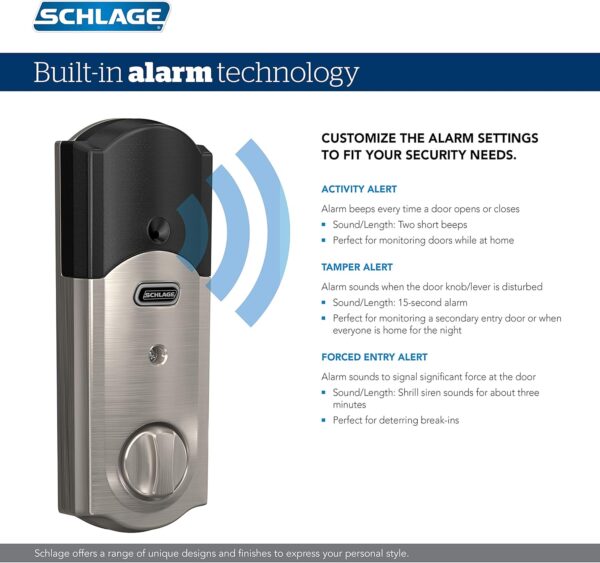 SCHLAGE BE469ZP CAM 619 Connect Smart Deadbolt with alarm with Camelot Trim in Satin Nickel, Z-Wave Plus enabled - Image 5