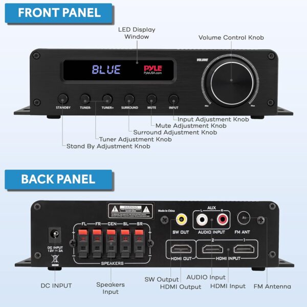 Pyle Wireless Bluetooth Home Audio Amplifier - 100W 5 Channel Home Theater Power Stereo Receiver, Surround Sound w/ HDMI, AUX, FM Antenna, Subwoofer Speaker Input, 12V Adapter - PFA540BT, Black - Image 3