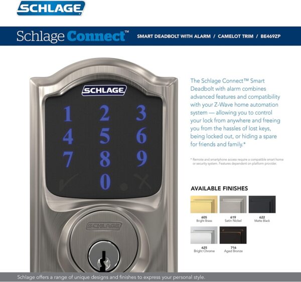 SCHLAGE BE469ZP CAM 619 Connect Smart Deadbolt with alarm with Camelot Trim in Satin Nickel, Z-Wave Plus enabled - Image 4