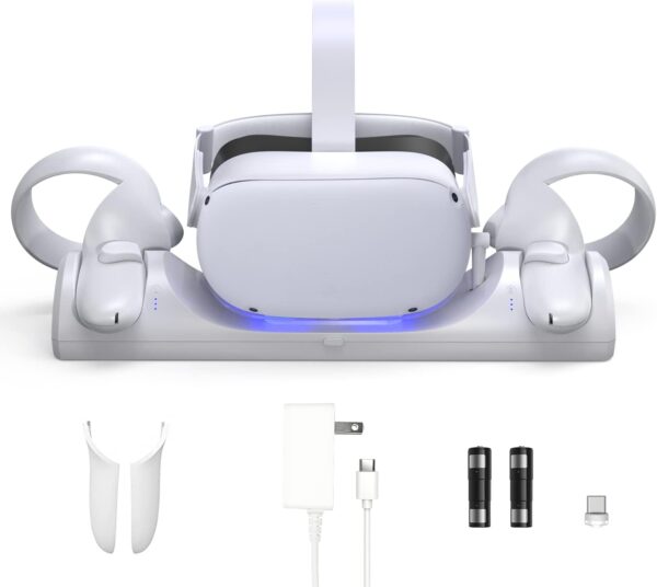 VR Charging Station for Oculus/Meta Quest 2,LED Indicator Charging Dock Simultaneously Magnetic Charging Headset and Touch Controller, with 2 Rechargeable Battery and USB-C Charger - Image 2