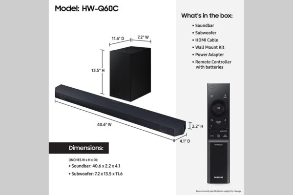 SAMSUNG HW-Q60C 3.1ch Soundbar w/Dolby Audio, Q-Symphony, Adaptive Sound Lite, HDMI eARC, Game Mode, Bluetooth, Tap Sound, Wireless Surround Sound Compatible (Newest Model),Black - Image 3