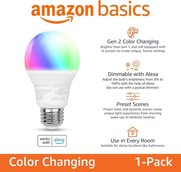 Amazon Basics Smart A19 LED Light Bulb, Color Changing, 9W (60W Equivalent), 800LM, Works with Alexa Only, 2.4 GHz Wi-Fi, No Hub Required, 1-Pack - Image 3