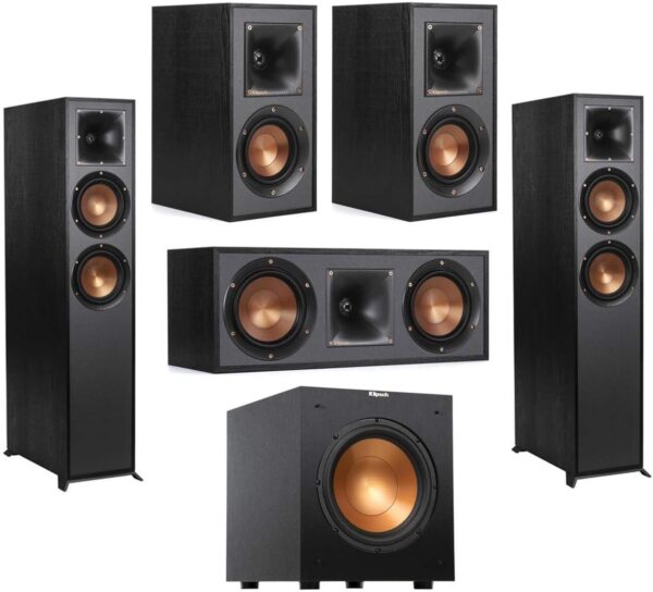 Klipsch Reference R-625FA 5.1 Home Theater Pack, Black, Pair, Bundle with 2X R-41M Bookshelf Speakers, R-52C Center Speaker, R-100SW 10" 300W Powered Subwoofer - Image 2