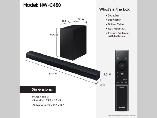 SAMSUNG HW-C450 2.1ch Soundbar w/DTS Virtual X, Subwoofer Included, Bass Boost, Adaptive Sound Lite, Game Mode, Bluetooth, Wireless Surround Sound Compatible (Newest Model),Black - Image 3