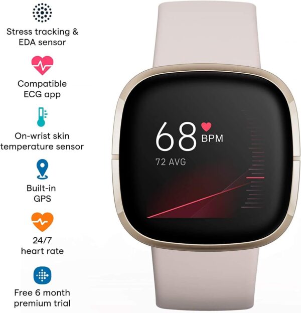 Fitbit Sense Health & Fitness Smartwatch W/GPS, Bluetooth Call/Text, Heart Rate SpO2, ECG, Skin Temperature & Stress Sensing (S & L Bands, 90 Day Premium Included) International Version (White/Gold) - Image 3