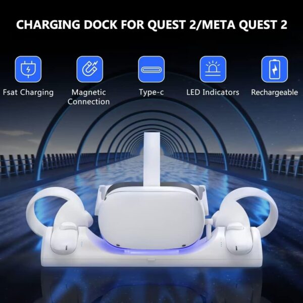 VR Charging Station for Oculus/Meta Quest 2,LED Indicator Charging Dock Simultaneously Magnetic Charging Headset and Touch Controller, with 2 Rechargeable Battery and USB-C Charger - Image 3