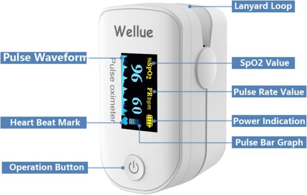 Wellue Pulse Oximeter Fingertip Blood Oxygen Saturation Heart Rate Monitor with Batteries and Lanyard Bluetooth FS20F White - Image 4