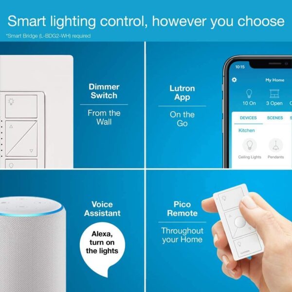 Lutron Caseta Smart Lighting Original Dimmer Switch w/ Pico Remote and Bracket, for LED Lights, Works w/ Alexa, Apple Homekit, Google Home (Hub Required), 150W, No Neutral Required, P-PKG1WB-WH - Image 4