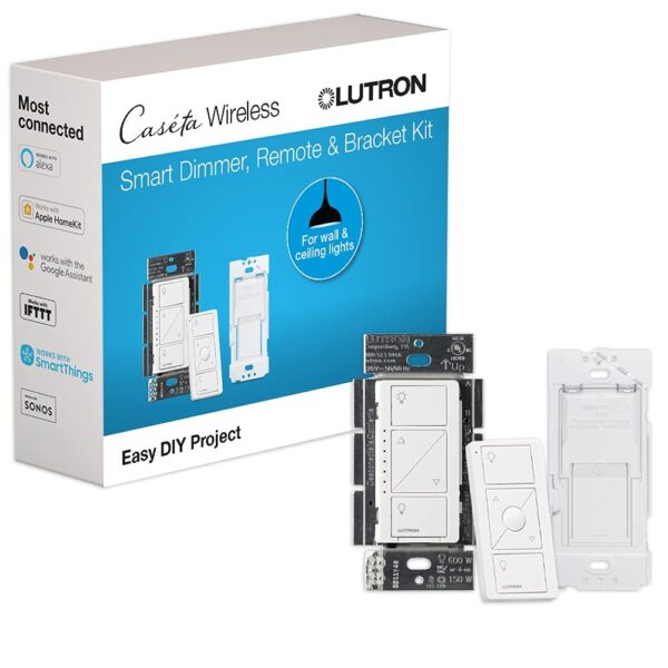 Lutron Caseta Smart Lighting Original Dimmer Switch w/ Pico Remote and Bracket, for LED Lights, Works w/ Alexa, Apple Homekit, Google Home (Hub Required), 150W, No Neutral Required, P-PKG1WB-WH - Image 2