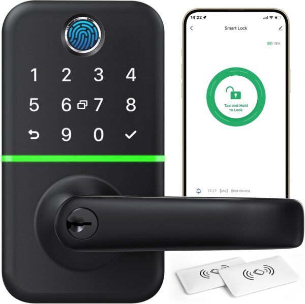 Keypad Smart Door Lock with Handle: Kucacci Keyless Entry Door Lock - Digtal Door Lock with Keypad Code - Fingerprint Door Lever Lock Deadbolt Alternative - IP66 Waterproof Smart Lock for Front Door - Image 2