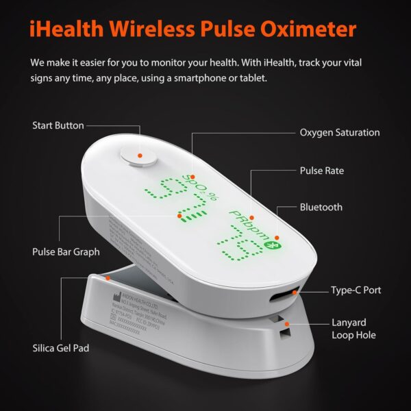 iHealth AIR Rechargeable Fingertip Pulse Oximeter, Blood Oxygen Saturation Monitor with App, SpO2, Pulse Rate, Plethysmograph, and Perfusion Index - Image 3