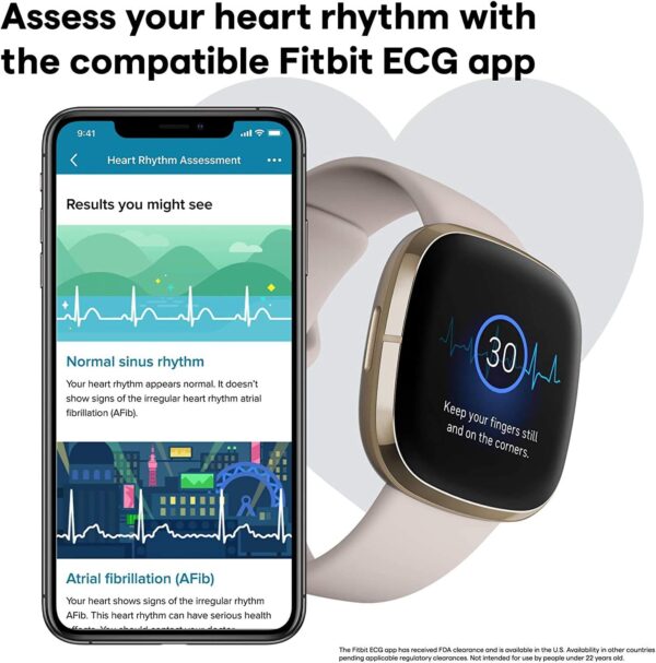 Fitbit Sense Health & Fitness Smartwatch W/GPS, Bluetooth Call/Text, Heart Rate SpO2, ECG, Skin Temperature & Stress Sensing (S & L Bands, 90 Day Premium Included) International Version (White/Gold) - Image 5