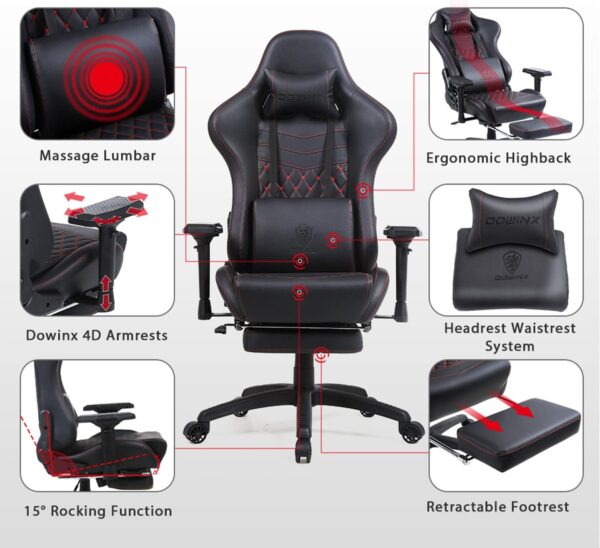 Dowinx Gaming Chair Ergonomic Racing Style Recliner with Massage Lumbar Support,4D armrests Gamer Chair for Computer PU Leather with Retractable Footrest (Black) - Image 2