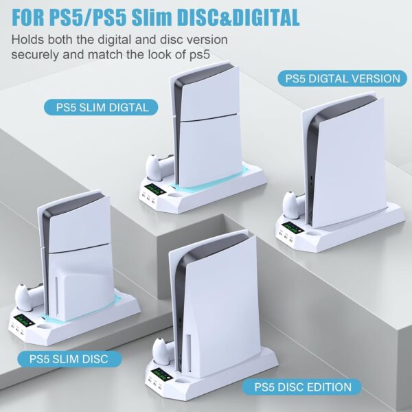 PS5 / PS5 Slim Stand and Cooling Station with Dual Controller Charging Station for PlayStation 5 Console, PS5 Accessories Incl. Controller Charger, Cooling Fan, Headset Holder, 3 USB Hub, Screw-White - Image 3