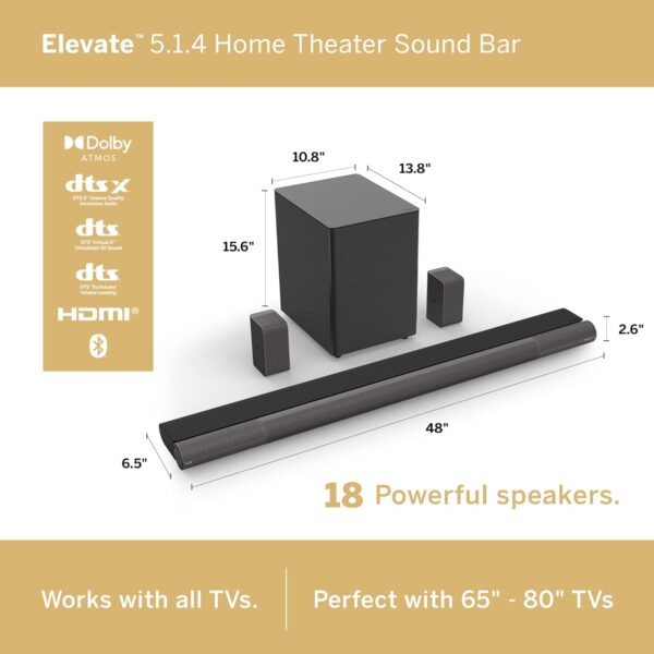 VIZIO Elevate Sound Bar for TV, Home Theater Surround Sound System for TV with Subwoofer and Bluetooth, P514a-H6 5.1.4 - Image 3