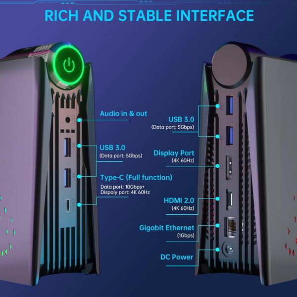 ACEMAGICIAN Mini Gaming PC，AMD Ryzen 7 5700U Mini PC 16GB DDR4 512GB SSD, Mini Gaming Computers Micro Desktop PC Support RGB Lights/4K Triple Display/WiFi6/BT5.2/3 Adjustable Mode PC - Image 5