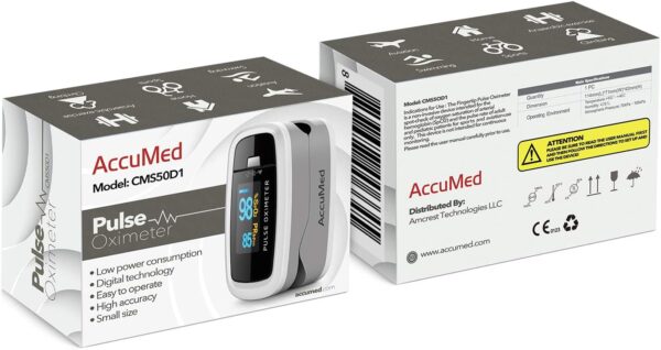 AccuMed CMS-50D1 Fingertip Pulse Oximeter Blood Oxygen Sensor SpO2 for Sports and Aviation. Portable and Lightweight with LED Display, 2 AAA Batteries, Lanyard and Travel Case (White) - Image 5