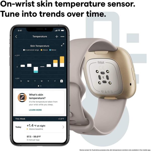 Fitbit Sense Health & Fitness Smartwatch W/GPS, Bluetooth Call/Text, Heart Rate SpO2, ECG, Skin Temperature & Stress Sensing (S & L Bands, 90 Day Premium Included) International Version (White/Gold) - Image 6