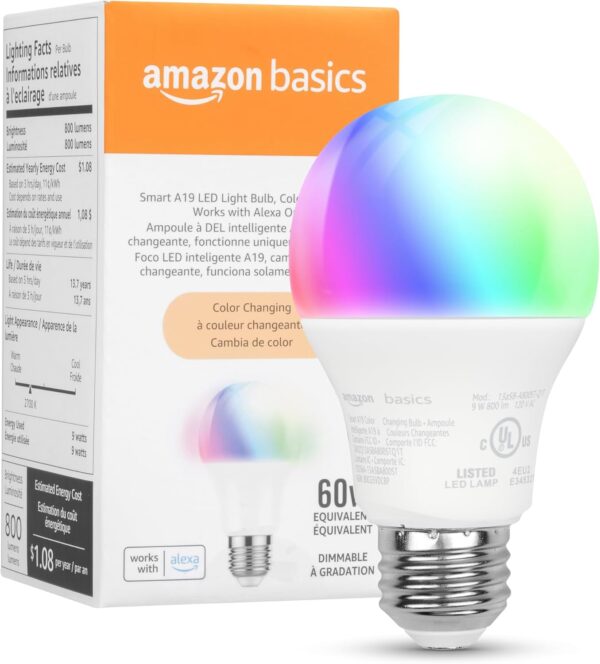 Amazon Basics Smart A19 LED Light Bulb, Color Changing, 9W (60W Equivalent), 800LM, Works with Alexa Only, 2.4 GHz Wi-Fi, No Hub Required, 1-Pack - Image 2