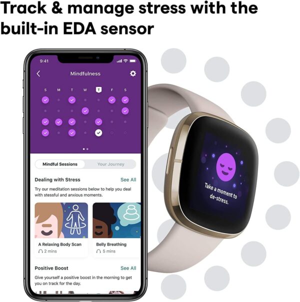 Fitbit Sense Health & Fitness Smartwatch W/GPS, Bluetooth Call/Text, Heart Rate SpO2, ECG, Skin Temperature & Stress Sensing (S & L Bands, 90 Day Premium Included) International Version (White/Gold) - Image 4