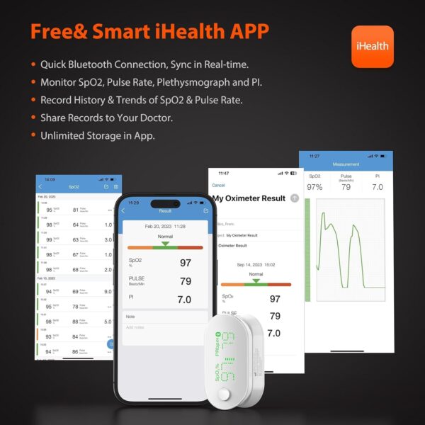 iHealth AIR Rechargeable Fingertip Pulse Oximeter, Blood Oxygen Saturation Monitor with App, SpO2, Pulse Rate, Plethysmograph, and Perfusion Index - Image 6